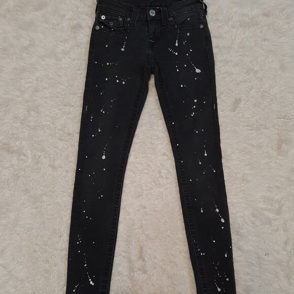 True Religion Woman's Black Supper Skinny Paint Splatter DistresseDenim Jeans 25 - Picture 3 of 11